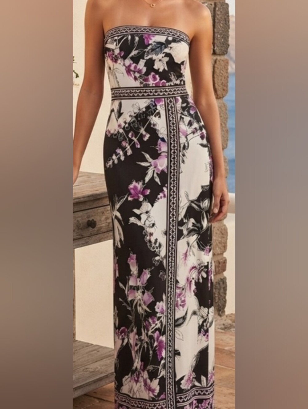 White House Black Market Black, White & Purple Strapless Floral Maxi Dress